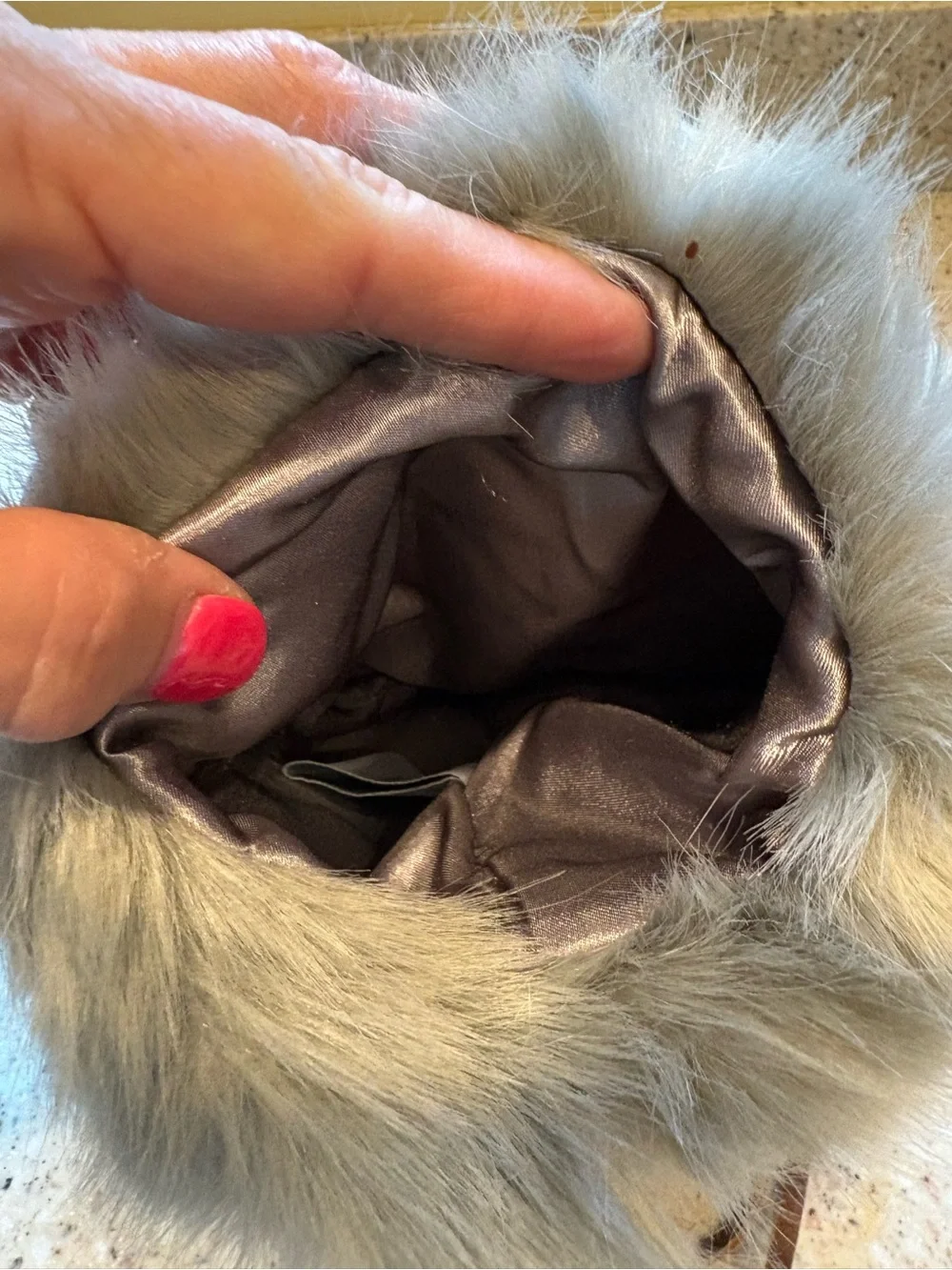 Restoration Hardware (RH) Ultra Faux Fur Wine Bag With Leather Tie, NWT, Fog